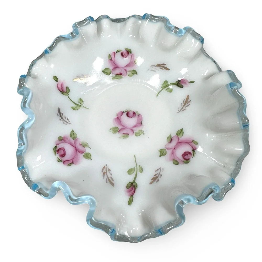 Fenton Aqua Crest Milk Glass Ruffled Trinket Dish Hand Painted Pink Roses White